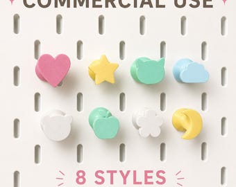 Paquete de ganchos para tablero perforado con diseños adorables / 8 diseños × 4 tamaños / Archivo 3MF / Compatible con IKEA SKÅDIS / Uso comercial