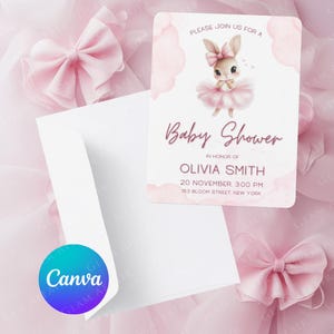 Faire-part de fête prénatale | Modifiable sur Canvas | Clipart aquarelle | Imprimable | Haute qualité |  Lapin rose | Arc | Tutu | 5 x 7 po.