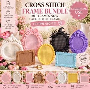 May include: A digital bundle of 3D printable cross stitch frames in various colors including pink, black, purple, yellow, blue, and white. The frames feature decorative details like bows, skulls, and floral patterns, with grid centers for stitching.
