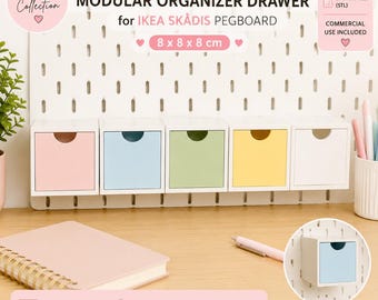 Cajón modular para tablero perforado 3MF y STL para IKEA SKÅDIS / Organizador de 8 x 8 cm / Imprimible en 3D / Uso comercial / Colección de tableros perforados en tonos pastel