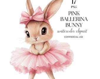 Può includere: Un'illustrazione ad acquerello di un coniglietto ballerina rosa. Il coniglietto indossa un tutù rosa e un cerchietto con un fiocco rosa. L'illustrazione è su uno sfondo bianco.