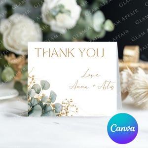 Carte de remerciement pour baby shower| Modifiable sur Canvas | Clipart aquarelle | Imprimable | Haute qualité |  Eucalyptus | Bonjour bébé | 3,5 x 5 po. | Plié
