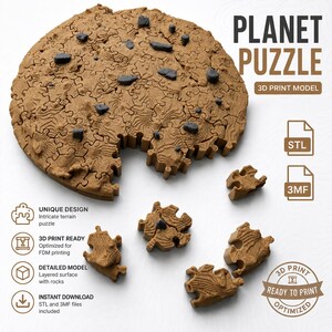 Peut inclure: Un puzzle Planète marron imprimé en 3D en forme de biscuit, avec des éléments sombres ressemblant à des roches. Le puzzle est partiellement assemblé, avec plusieurs pièces éparpillées. Le texte comprend "PLANET PUZZLE" et "3D PRINT MODEL".