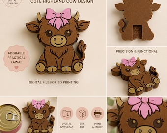 Cute Highland Cow Can Opener Keychain  3MF File | Kawaii Cow 3D Print  | Soda Tab Opener | Digital Download | Fidget Cow Print | Comm. L.