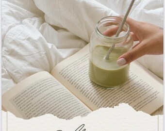 May include: A white bed with a book and a glass jar with a green drink and a metal straw. The text "Selfcare" and "Liebe beginnt bei dir" is on the image.