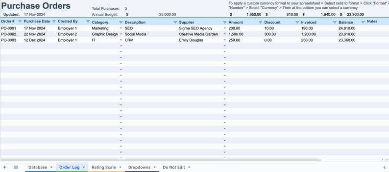 Purchasing Log Supplier / Vendor Management Spreadsheet | Supplier List | Purchase ...