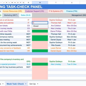 When you complete a task, simply type (Closed) in the cell(s) next to the (Category) column. This action will mark the task as closed, turning the cell green.