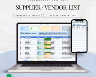 Kalkylblad för leverantörshantering | Leverantörslista | Inköpsorderlogg | Direkt digital nedladdning | Google Sheets Tracker