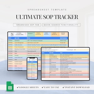 May include: A spreadsheet template for tracking Standard Operating Procedures (SOPs). The template includes a list of SOPs, their types, titles, and responsible parties. The spreadsheet also includes a quick search functionality to easily find specific SOPs.