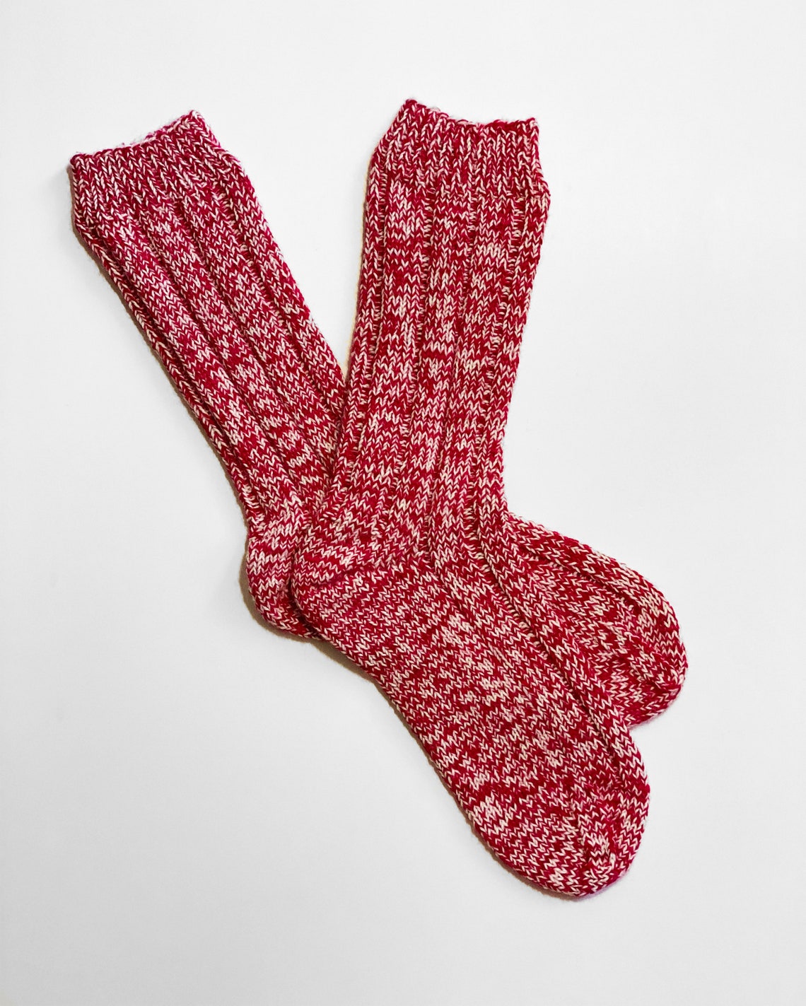 CUSTOM SIZE Hand Knit Wool Socks Red & White Marled Ragg | Etsy