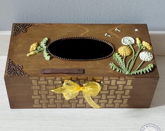 Rustik träpappersask med 3D-maskrosblommor • Valnöt • Handgjord