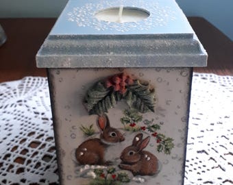 Christmas candle holder in the shape of a mini fireplace - hand-decorated decoupage, tealight box