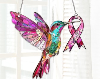 Hummingbird Pink Ribbon Acrylic Suncatcher: Breast Cancer Awareness Gift