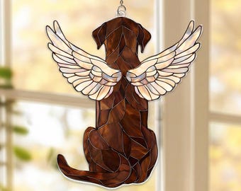 Custom Chocolate Labrador Memorial Acrylic Suncatcher, Angel Wings Window Hanging