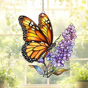 Monarch Butterfly And Lilac Flowers Acrylic Suncatcher,Monarch Butterfly Window Hanging,Monarch Suncatcher Gift For Mom,Insect Window Decor