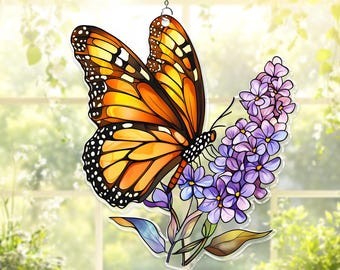 Monarch Butterfly And Lilac Flowers Acrylic Suncatcher,Monarch Butterfly Window Hanging,Monarch Suncatcher Gift For Mom,Insect Window Decor