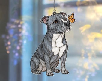 Staffordshire Bull Terrier Acrylic Suncatcher, Butterfly Dog Window Hanging, Staffy Lover Gift, Acrylic Dog Ornament, Pet Memorial Decor
