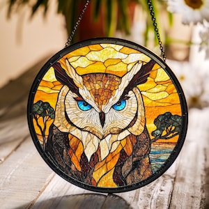 Owl Stained Glass Suncatcher, Colorful Owl Window Hanging Decor, Bird Stained Glass Art for Nature Lovers, Unique Gift for Owl Collector