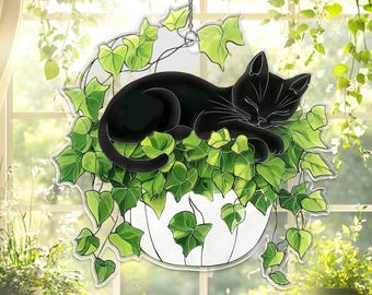 Black Cat And Plant Acrylic Suncatcher, Black Cat Window Decor, Cat Memorial Ornament, Gift For Cat Lovers, Cat Stained Glass Art Decor