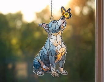 Grey Pitbull Acrylic Suncatcher, Butterfly Dog Window Hanging, Custom Pet Memorial Gift, Dog Lover Decor, Pitbull Mom Gift