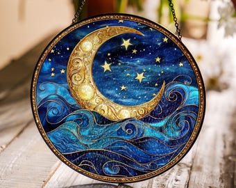 Celestial Moon & Stars  Glass Suncatcher: Boho Window Decor