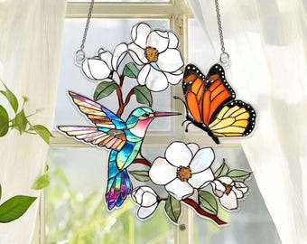 Hummingbird Monarch Butterfly Flower Suncatcher,Hummingbird Butterfly Acrylic Window Decor,Spring Home Accent,Nature Home Decor,Gift For Mom
