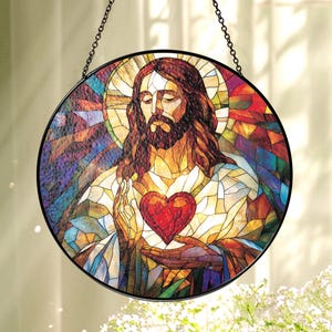 Sacred Heart of Jesus Stained Glass Suncatcher, Faux Glass Window Hanging Ornament, Christian Religious Decor, Faith Gift for Believers