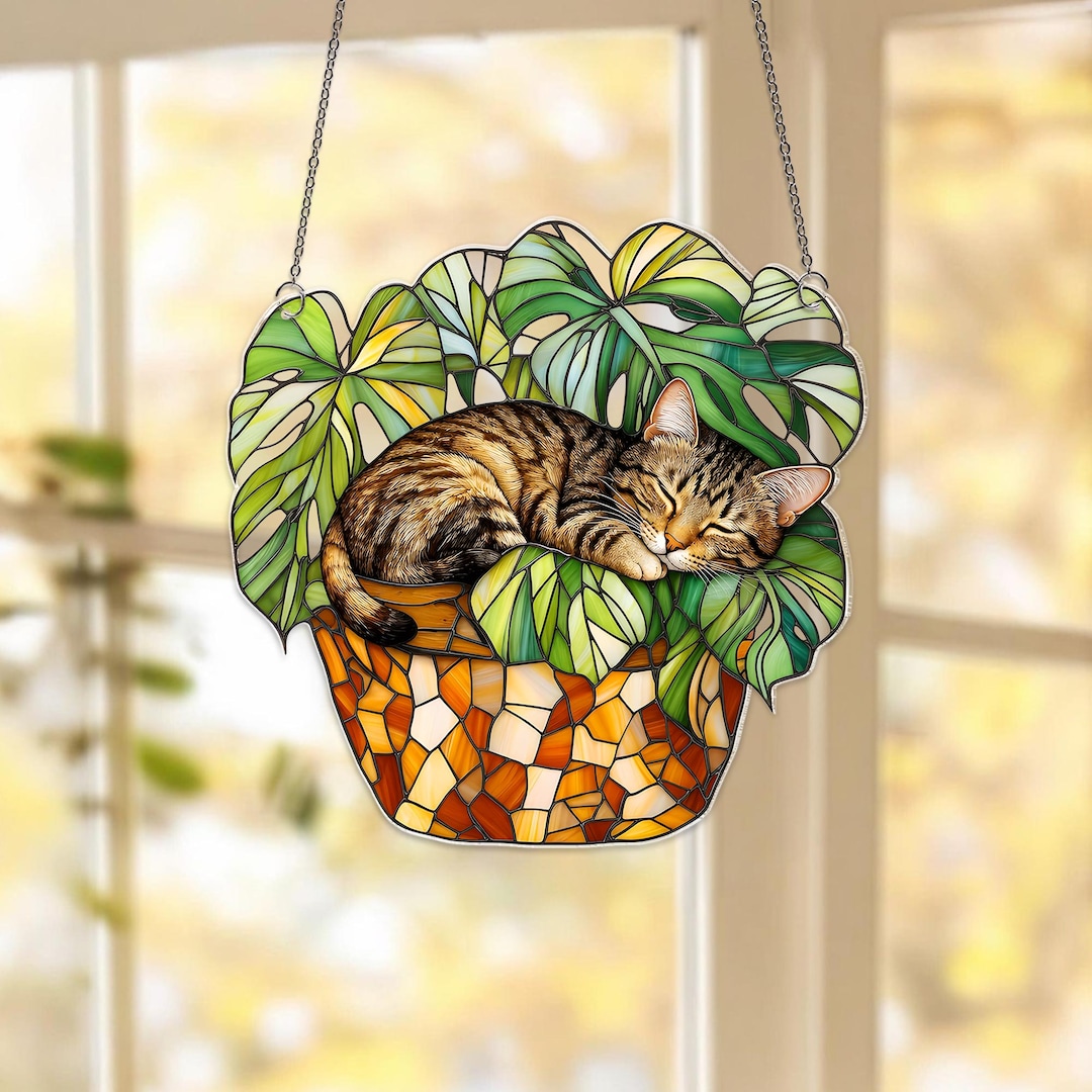 Brown Tabby Cat Monstera Suncatcher: Fade Resistant Acrylic Window ...