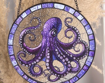 Stained Glass Octopus Suncatcher: Purple Sea Window Hanging Decoration