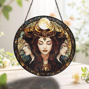 Hecate Triple Moon Goddess Suncatcher, Hecate Goddess Glass Suncatcher, Goddess Window Decor,Pagan Wiccan Gift,Dark Feminine Energy image 2
