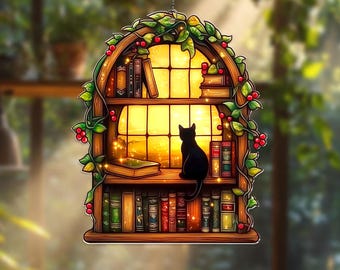 Black Cat And Book Acrylic Suncatcher, Cat Reading Book Ornament, Book Window Decor, Cat Lover Gift, Book Lover Gift For Librarian