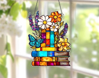 Colorful Book Stack Acrylic Suncatcher, Floral Butterfly Window Hanging, Let Your Mind Blossom Decor, Teacher Gift, Library Lover Art