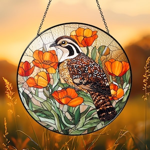 California Quail Poppy Stained Glass Suncatcher, Bird Lover Decor, Bird Suncatcher Decor, California Quail Window Hanging, Bird Hanging Sign