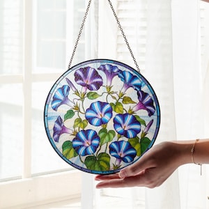 Morning Glory Flower Faux Stained Glass Suncatcher, Purple Window Decor, Morning Glory Gift, Botanical Window Hanging, Garden Lover Gift