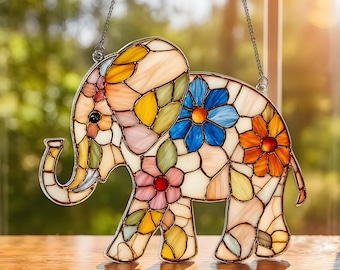 Floral Elephant Acrylic Suncatcher, Colorful Flower Elephant Window Hanging, Nature Decor Gift, Boho Animal Sun Catcher