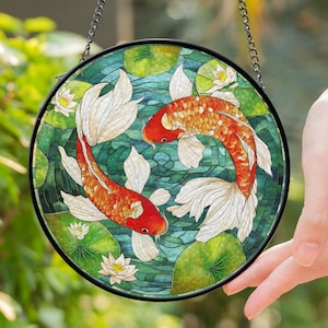 Koi Fish Stained Glass Suncatcher, Koi Fish Glass Window Hanging, Koi Fish Art Decor, Japanese Koi Fish Window Hanging Ornament