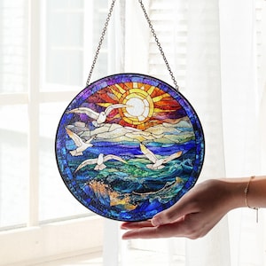 Seagull Suncatcher, Ocean Beach Stained Glass Window Decor, Round Garden Hanging Art, Coastal Bird Ornament, Nautical Housewarming Gift