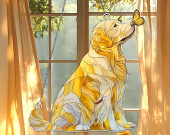 Golden Retriever Acrylic Suncatcher, Golden Retriever Window Hanging, Dog Memorial Gift, Dog Loss Gift, Golden Dog with Butterfly Suncatcher