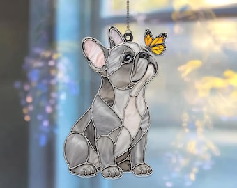 French Bulldog Acrylic Suncatcher, Frenchie Window Hanging Decor, Dog Lover Gift, Bulldog Butterfly Suncatcher, Dog Memorial Ornament
