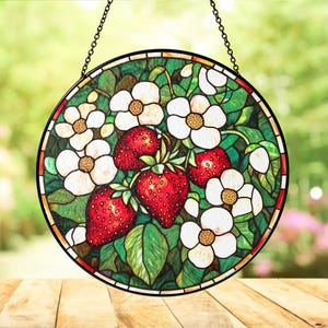 Strawberry Stained Glass Suncatcher, Strawberry Floral Window Hanging, Gift For Garden Lover, Strawberry Suncatcher, Kitchen Window Decor