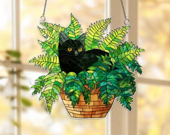 Black Cat Sitting On Potted Fern Acrylic Suncatcher, Cat Plant Window Hanging, Black Cat Suncatcher, Gift For Cat Lover, Plant Gift For Mom