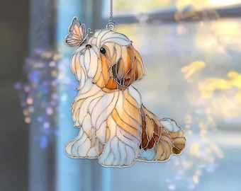 Shih Tzu Acrylic Suncatcher, Dog with Butterfly Window Decor, Personalized Shih Tzu Loss Gift,Dog Memorial Suncatcher,Puppy Lover Home Decor