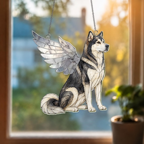 Alaskan Malamute Acrylic Suncatcher, Angel Dog Window Hanging, Alaskan Malamute Memorial Gift, Dog Lover Decor