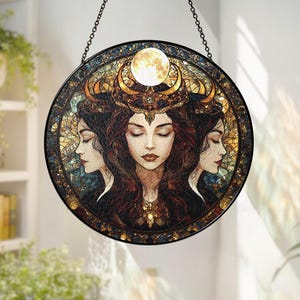 Hecate Triple Moon Goddess Suncatcher, Hecate Goddess Glass Suncatcher, Goddess Window Decor,Pagan Wiccan Gift,Dark Feminine Energy image 3