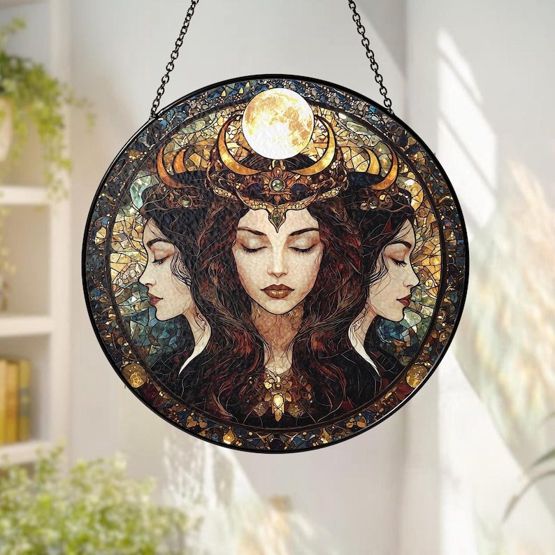 Hecate Triple Moon Goddess Suncatcher, Hecate Goddess Glass Suncatcher, Goddess Window Decor,Pagan Wiccan Gift,Dark Feminine Energy image 3