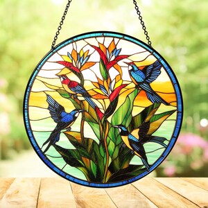 Bird of Paradise Flowers Suncatcher, Hummingbird and Paradise Window Hanging, Tropical Flower Home Decor, Hummingbird Flower Stained Glass
