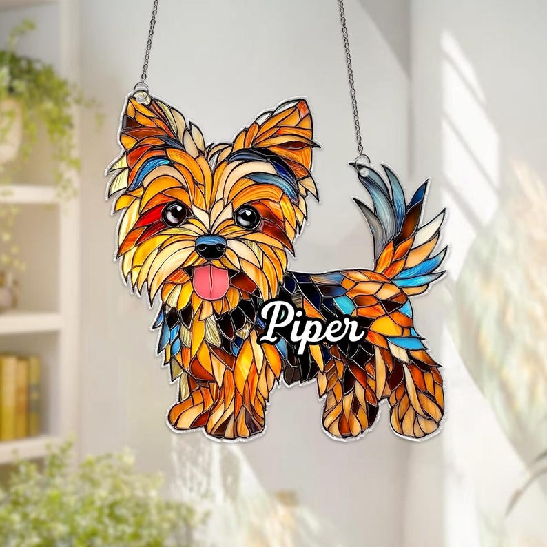 Custom Yorkshire Terrier Acrylic Suncatcher,Yorkie Dog Ornament,Yorkie Window Hanging Decor,Yorkie Stained Glass Art,Yorkshire Terrier Gifts afbeelding 2