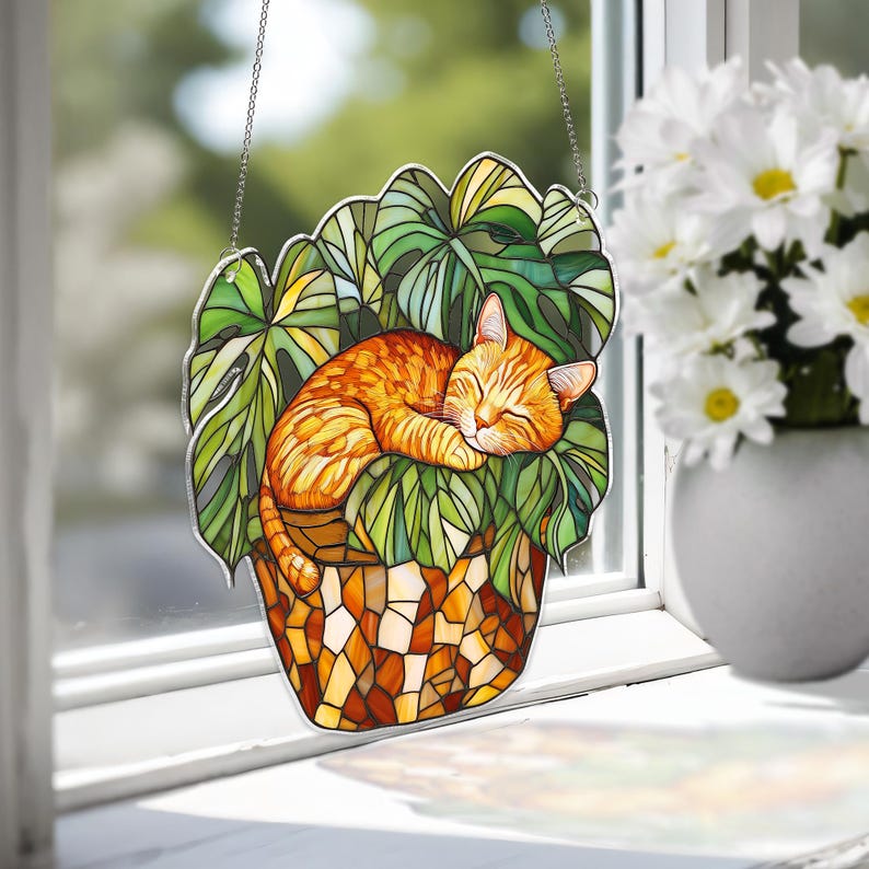 Orange Cat Monstera Acrylic Suncatcher: Fade Resistant Acrylic Window ...