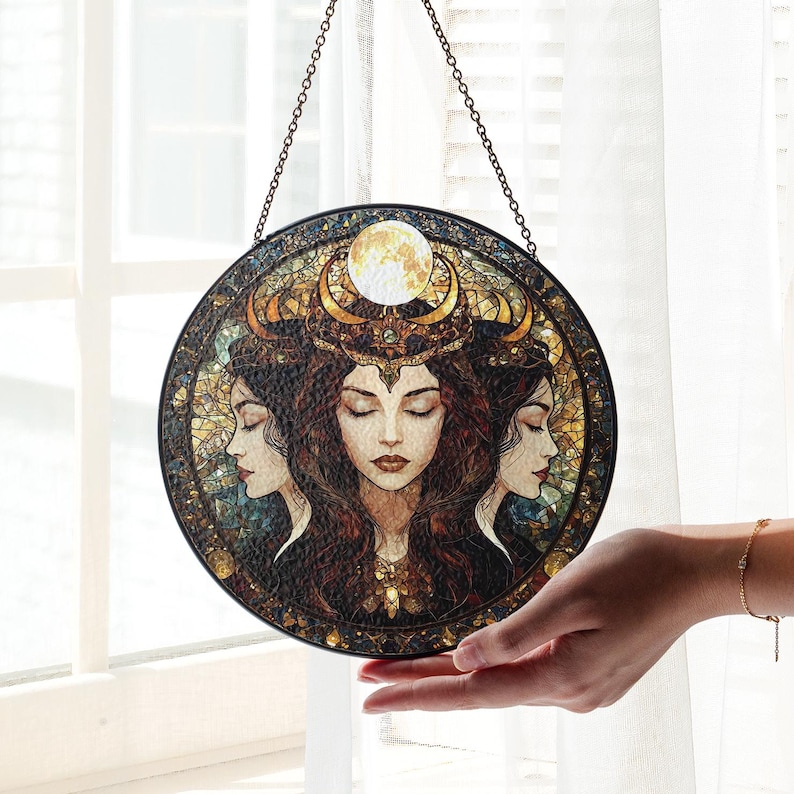 Hecate Triple Moon Goddess Suncatcher, Hecate Goddess Glass Suncatcher, Goddess Window Decor,Pagan Wiccan Gift,Dark Feminine Energy image 1