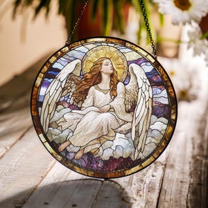 White Angel Stained Glass Suncatcher, Guardian Angel Window Hanging, Angel Memorial Glass Art Panel, Sympathy Gift, Spiritual Home Decor
